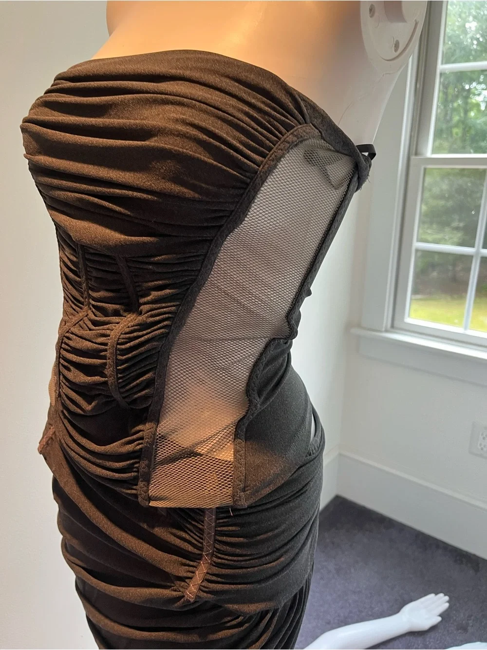 Donna Karan Strapless Slate Gray Ruched Sheer-Panel strapless top and skirt